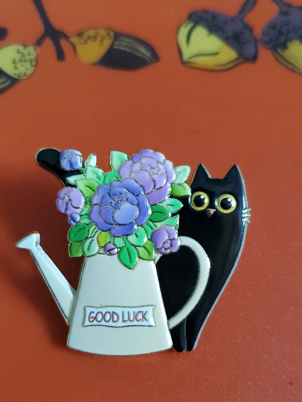 Good Luck Black Cat Enamel Pin with Lavender Flowers